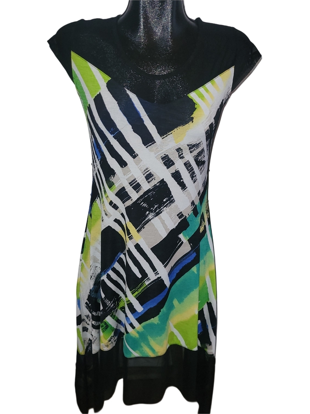 Artex Black Abstract Print Short Cap-Sleeve Mid-length Dress Size S